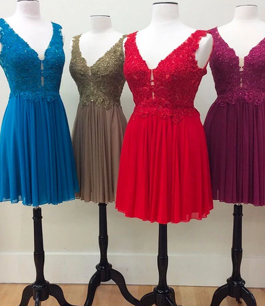A-Line V Neck Short Party Dress, Nan Homecoming Dresses Lace Chiffon CD4997