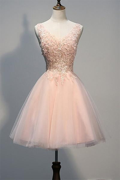 Blush Beaded Backless V-Neck Pink Lace Homecoming Dresses Cocktail Ayana Sweet 16 Dress CD51