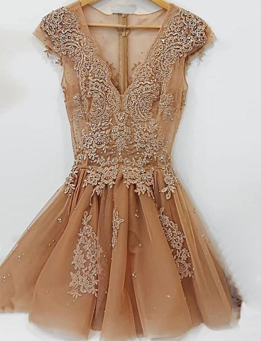 Champagne Tulle V Neck Short Party Dresses With Cocktail Patricia Homecoming Dresses Appliques Beading CD529