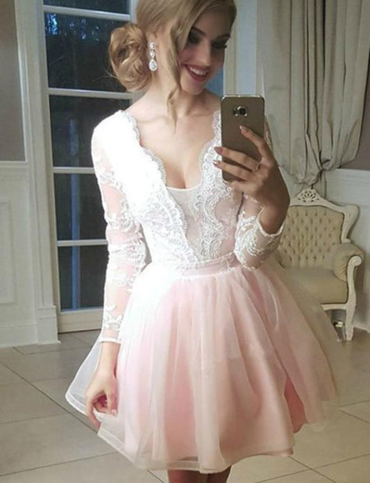 Lizbeth Homecoming Dresses Pink Cocktail A-Line V-Neck Long Sleeves Tulle Dress With Appliques CD536