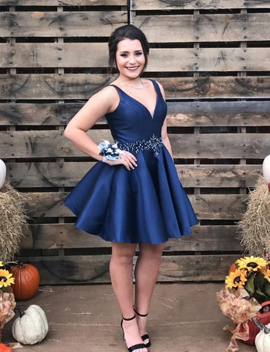 A-Line V-Neck Short Navy Blue Dress With Beading Homecoming Dresses Cocktail Satin Thea CD537