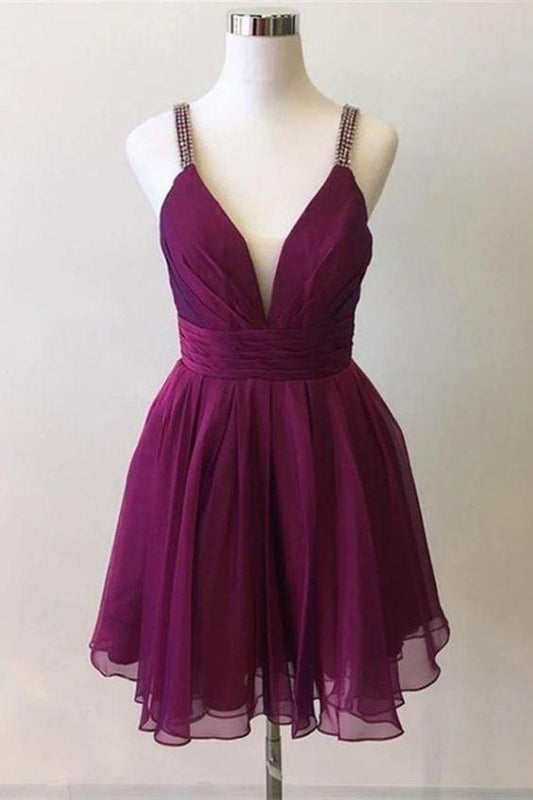 Cute Deep V Neck Purple Homecoming Dresses Chiffon Frederica Beads Formal Dresses CD8299