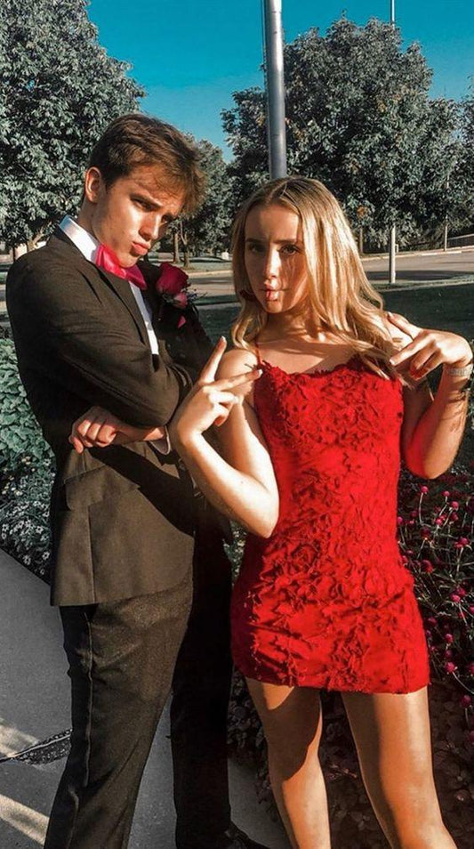 Sexy Red Short , Homecoming Dresses Eva Cocktail Lace Tight Short Party Dresses, Cheap Dresses For Teens CD8486