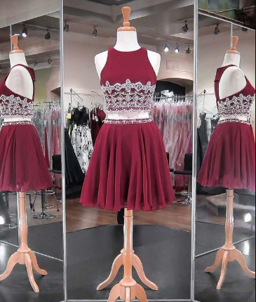 Two Piece Beadings Skirt Fashion Style Chiffon Georgia Homecoming Dresses Short Party Gowns CD878