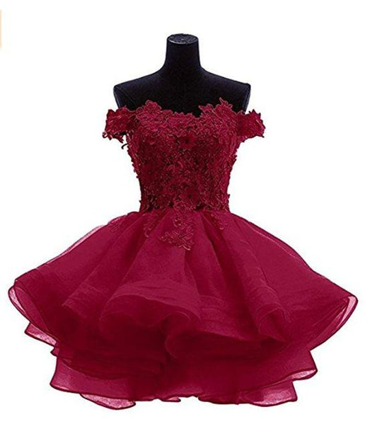 , Sexy Off Meadow Homecoming Dresses Shoulder Burgundy Puffy Short CD9066