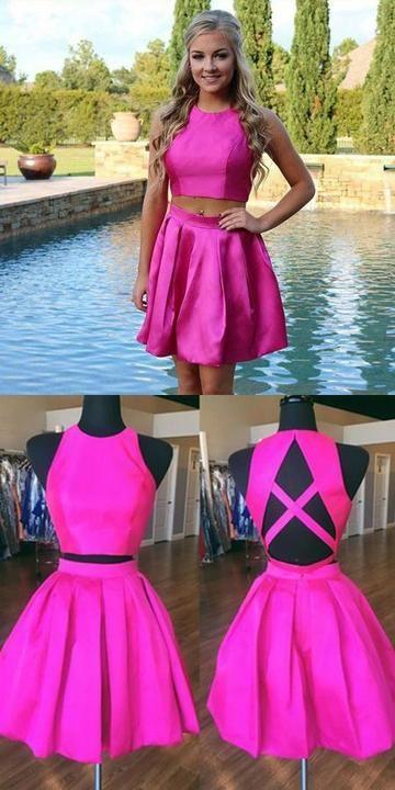 Two Piece A-Line Jewel Homecoming Dresses Satin Maleah Open Back Short With Pleats CD9342