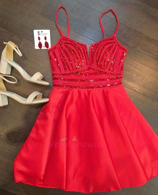 Fatima Homecoming Dresses Cocktail Sexy Red Straps Beaded Short Party Dress, Red Dress CD9365