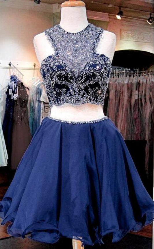 , Navy Blue Claire Homecoming Dresses Short , Beaded Short CD9827