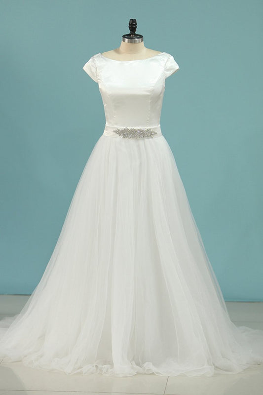 2024 A Line Bateau Short Sleeves Satin & Tulle With Beads Wedding Dresses