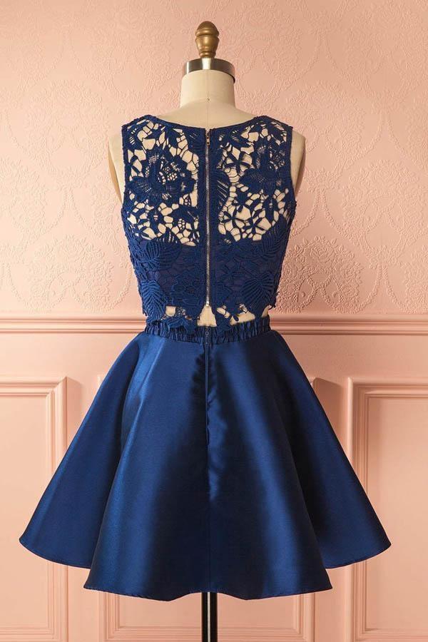 Two Piece Dark Blue Satin Cute Short A-Line Homecoming Dress with Lace Appliques JS130