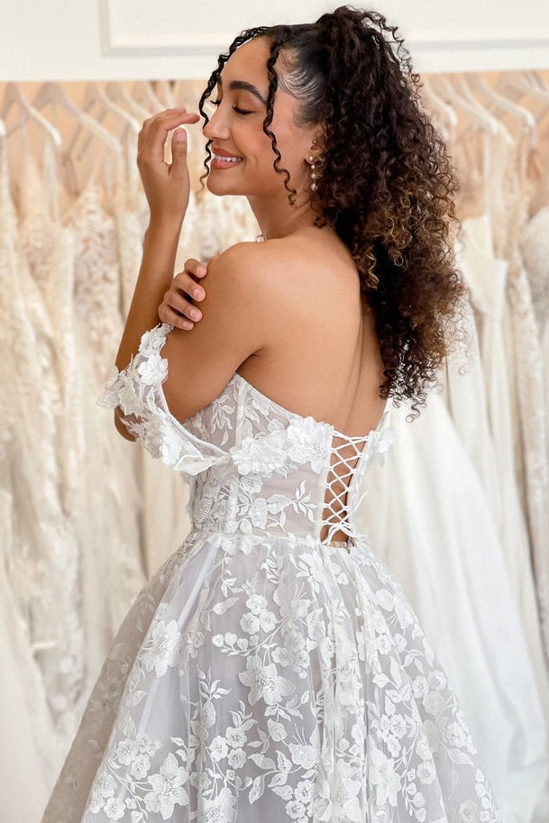 Cute A Line Sweetheart Off the Shoulder Lace Wedding Dresses