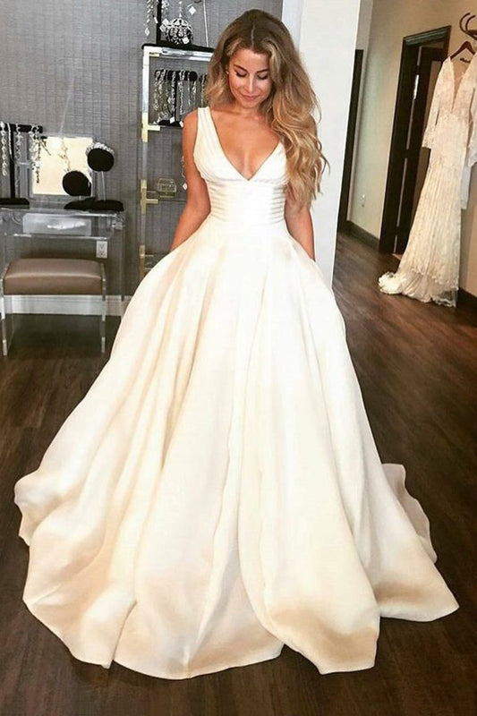 2024 V Neck Open Back A Line Satin With Ruffles Wedding Dresses