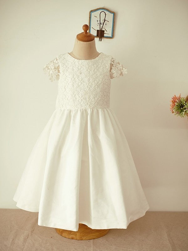 Short Sleeves Scoop A-Line/Princess Knee-Length Lace Bowknot Flower Girl Dresses