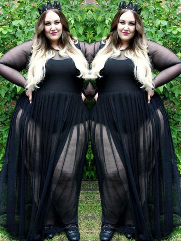 Long Floor-Length A-Line/Princess Sleeves Neck Ruched Sheer Chiffon Plus Size Dresses