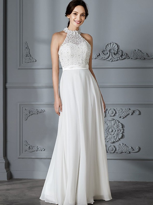 Scoop Sleeveless A-Line/Princess Floor-Length Chiffon Wedding Dresses
