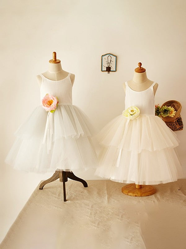 Tulle Sleeveless Scoop Knee-Length A-Line/Princess Layers Flower Girl Dresses