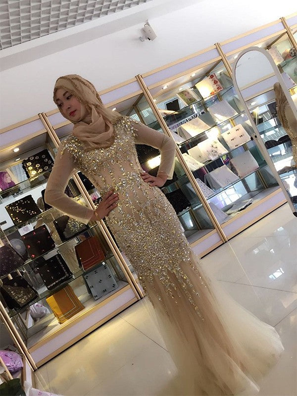 Floor-Length Sleeves Long Sheath/Column Sequin Scoop Tulle Muslim Dresses