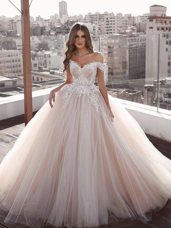 Applique Sleeveless Sweep/Brush Tulle Gown Ball Off-the-Shoulder Train Wedding Dresses