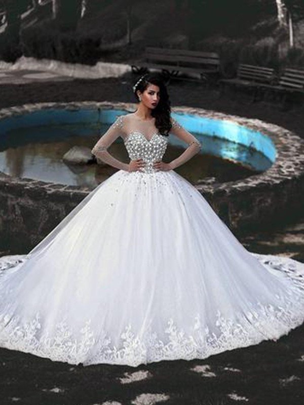 Tulle Gown Sleeves Scoop Long Sweep/Brush Beading Ball Train Wedding Dresses