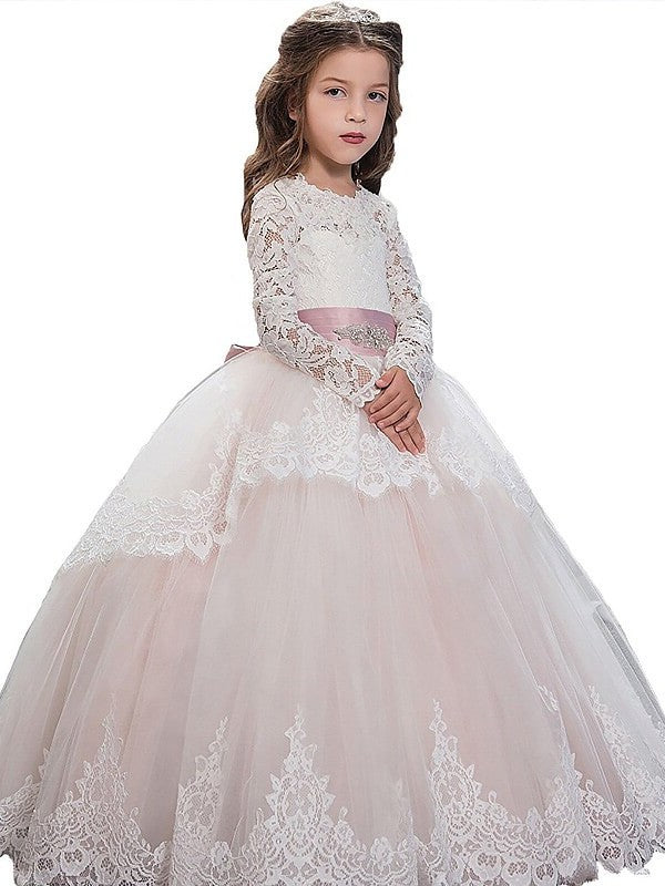 Sleeves Gown Long Floor-Length Jewel Lace Tulle Ball Flower Girl Dresses