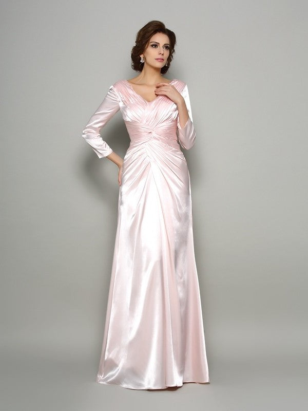 Sleeves Silk V-neck Long Mother Satin A-Line/Princess of Ruched Long like the Bride Dresses