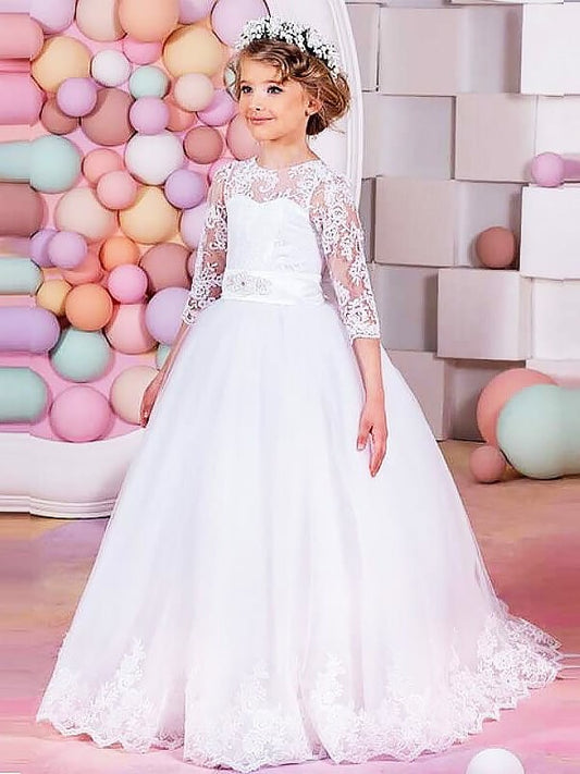 Sweep/Brush Sleeves Gown Tulle Jewel Lace Ball Train 1/2 Flower Girl Dresses