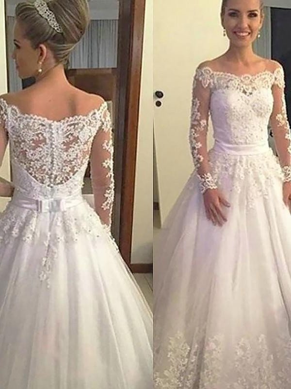 Tulle Off-the-Shoulder Gown Court Sleeves Applique Long Ball Train Wedding Dresses