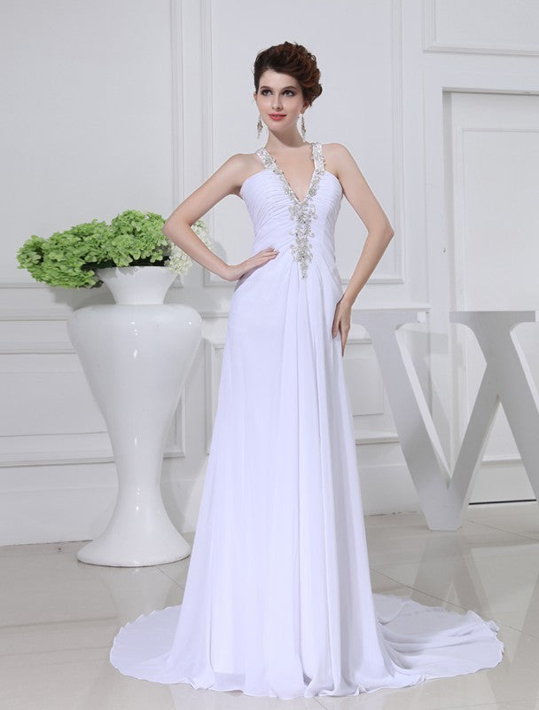 V-neck Sleeveless Beading A-Line/Princess Chiffon Wedding Dresses
