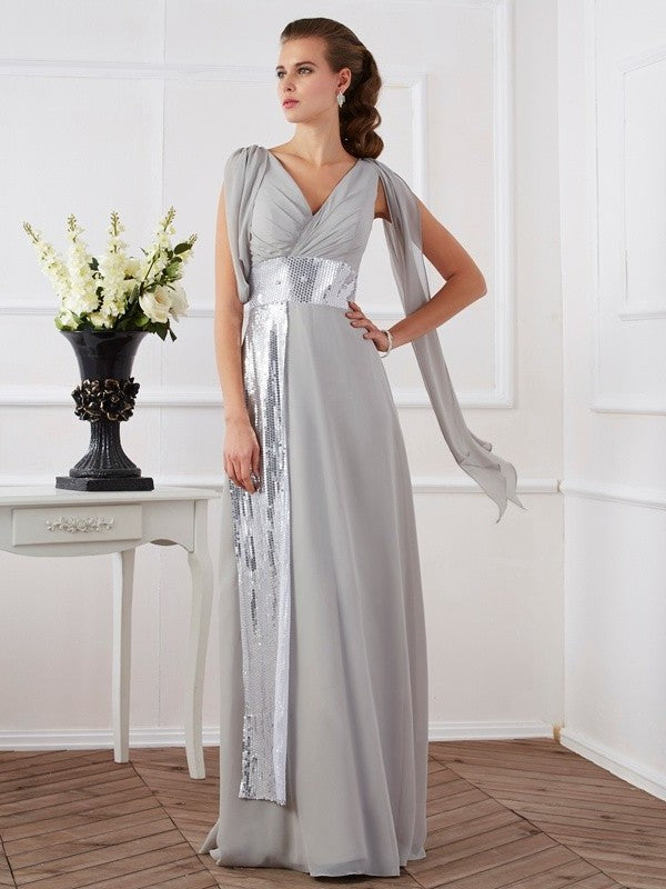 Sleeves Sheath/Column Lace Short V-neck Long Chiffon Dresses