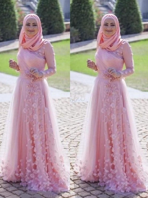 Scoop Applique Train Sweep/Brush Sleeves Long A-Line/Princess Tulle Muslim Dresses