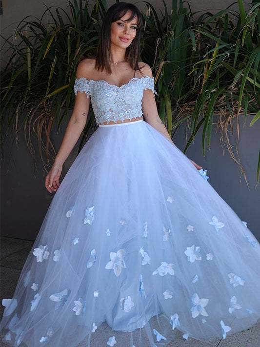 Tulle A-Line/Princess Sleeveless Floor-Length Applique Off-the-Shoulder Two Piece Dresses