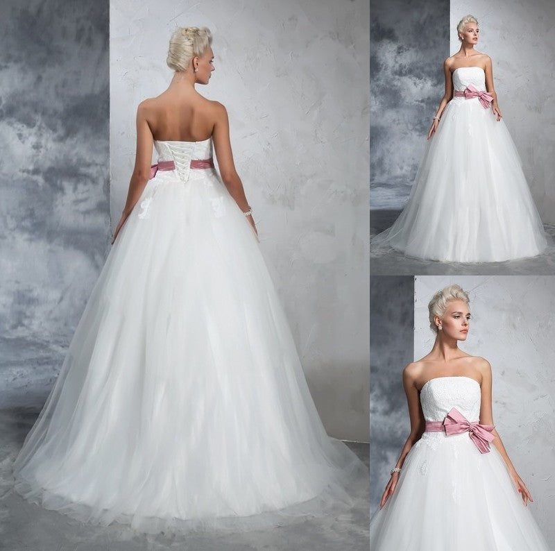 Sleeveless Ball Long Gown Bowknot Strapless Net Wedding Dresses