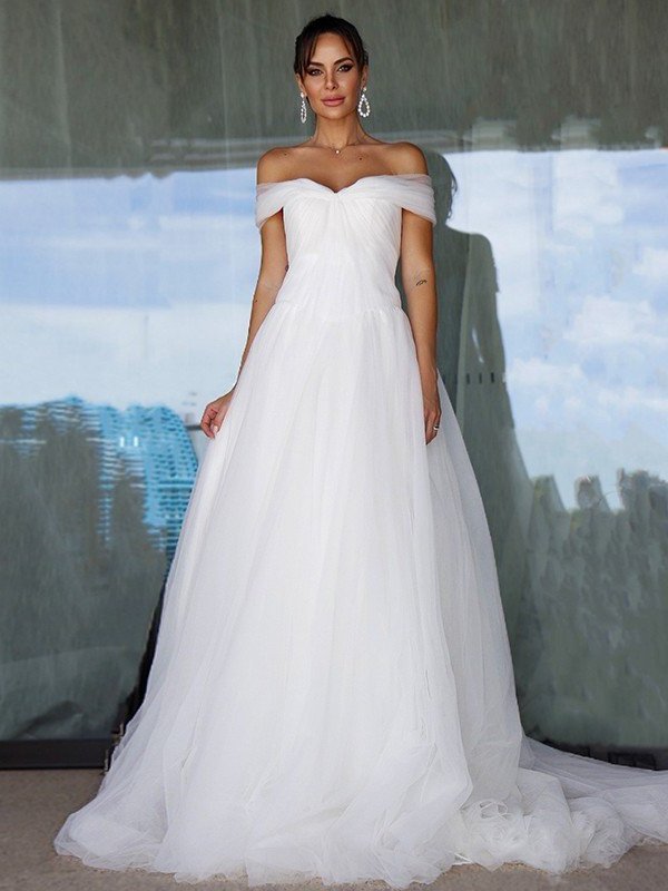 Ruched Sleeveless Tulle Off-the-Shoulder Sweep/Brush A-Line/Princess Train Wedding Dresses