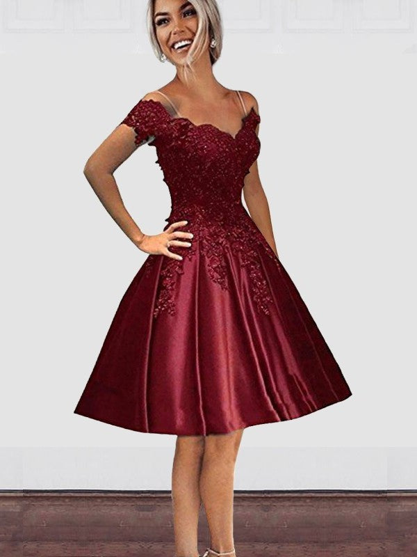 Applique With Off-the-Shoulder Satin Cut A-Line Short Burgundy Homecoming Dresses