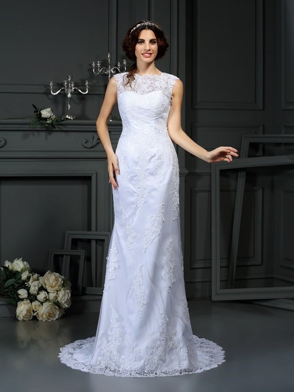 Neck High Long Sheath/Column Sleeveless Lace Lace Wedding Dresses