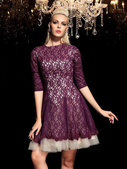 1/2 Lace Sleeves Neck Short A-Line/Princess Sheer Lace Cocktail Dresses