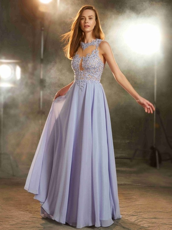 Sleeveless Floor-Length A-Line/Princess Scoop Applique Chiffon Dresses
