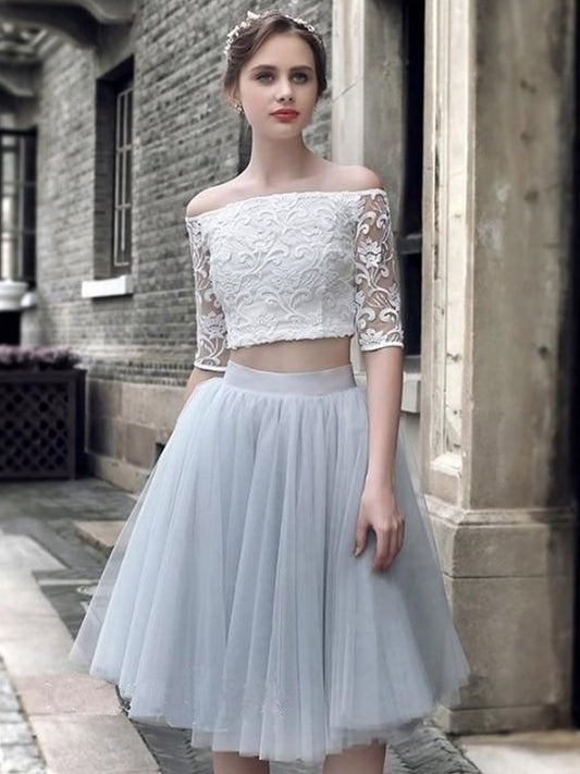 1/2 Off-the-Shoulder Sleeves Ruched Tulle A-Line/Princess Knee-Length Two Piece Dresses