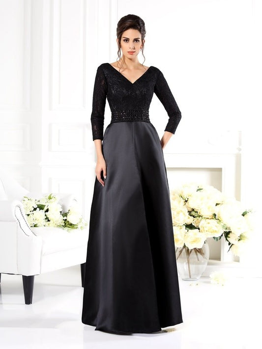 Satin A-Line/Princess of V-neck 3/4 Long Sleeves Beading Mother the Bride Dresses