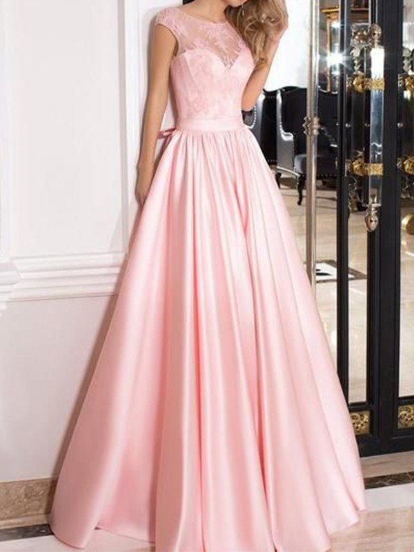 A-Line/Princess Floor-Length Sleeveless Neck Sheer Lace Satin Dresses