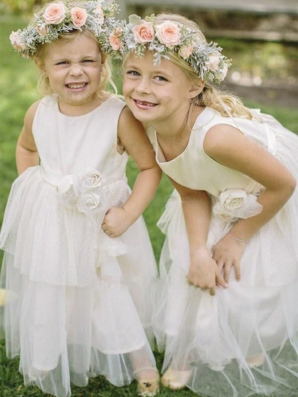 Scoop Hand-Made Sleeveless Flower Tulle A-Line/Princess Floor-Length Flower Girl Dresses