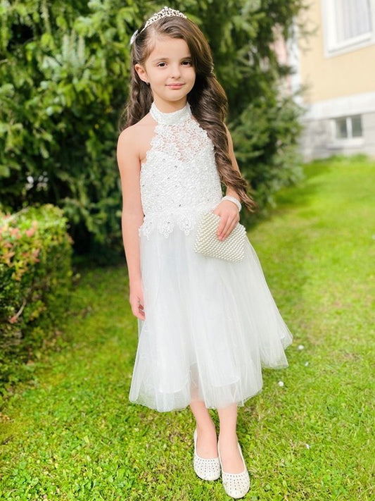 A-Line/Princess Lace Sleeveless Knee-Length Tulle Halter Flower Girl Dresses