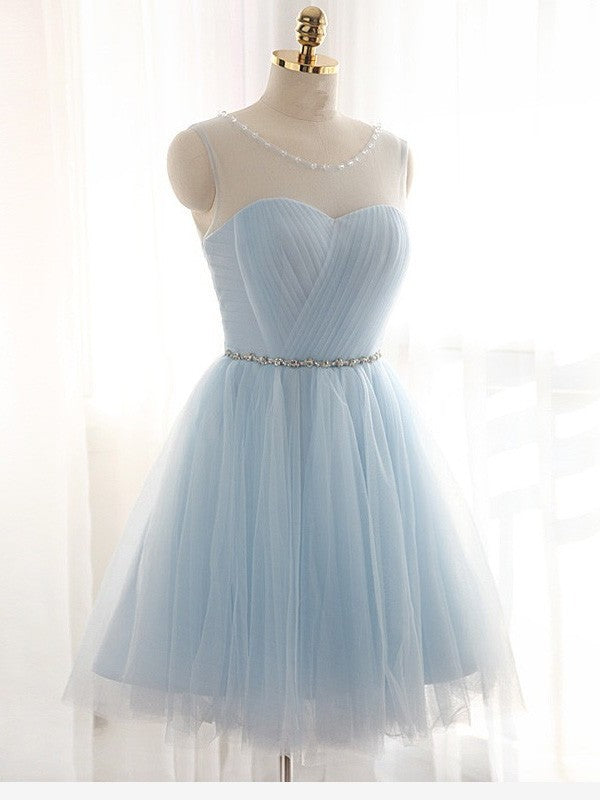 Scoop Sleeveless A-Line/Princess Beading Short/Mini Tulle Dresses