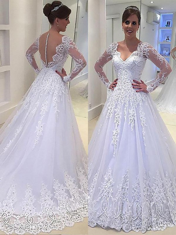 Tulle Train Court A-Line/Princess Applique Long V-neck Sleeves Wedding Dresses