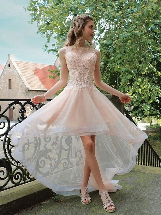 Tulle Sheer A-Line/Princess Applique Sleeveless Neck Asymmetrical Homecoming Dresses