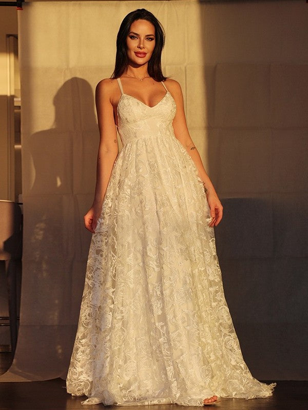Sweep/Brush V-neck A-Line/Princess Lace Applique Sleeveless Train Wedding Dresses