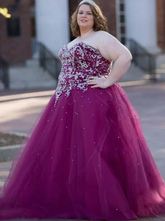 Sleeveless Floor-Length Beading Gown Ball Sweetheart Tulle Plus Size Dresses