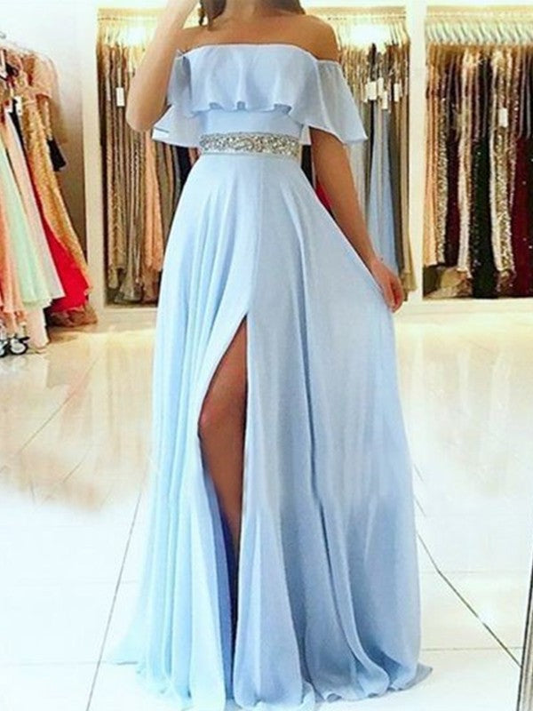 Off-the-Shoulder Floor-Length Sleeveless A-Line/Princess Beading Chiffon Dresses