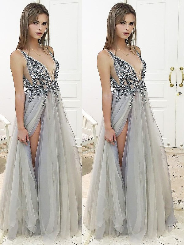 Floor-Length A-Line/Princess V-Neck Sleeveless Beading Tulle Dresses