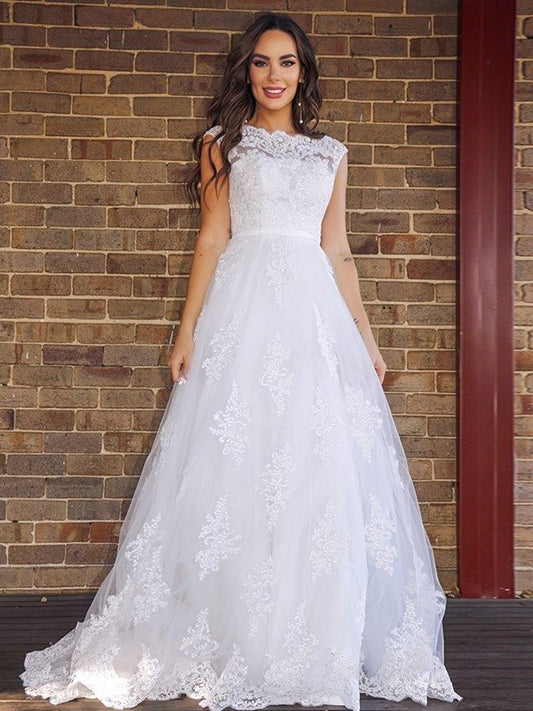 Lace Sweep/Brush Sleeveless A-Line/Princess Scoop Train Wedding Dresses